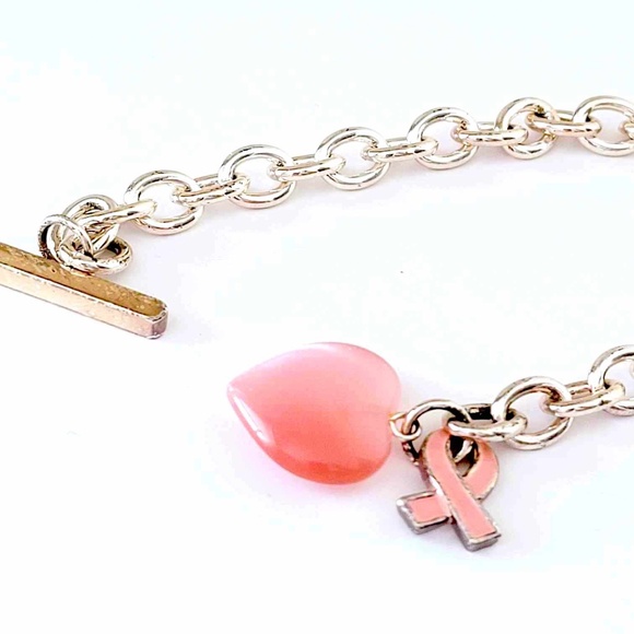 Silver Large Chain Link Breast Cancer Awareness Ribbon Toggle Clasp Bracelet - Picture 3 of 7